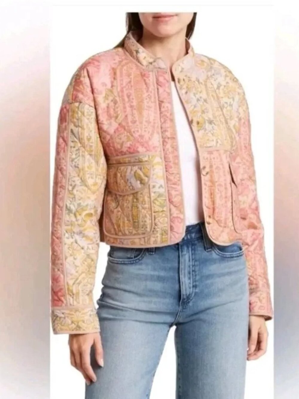 7 For All Mankind Women's Quilted Patchwork Cropped Jacket Size XS Cottagecore
